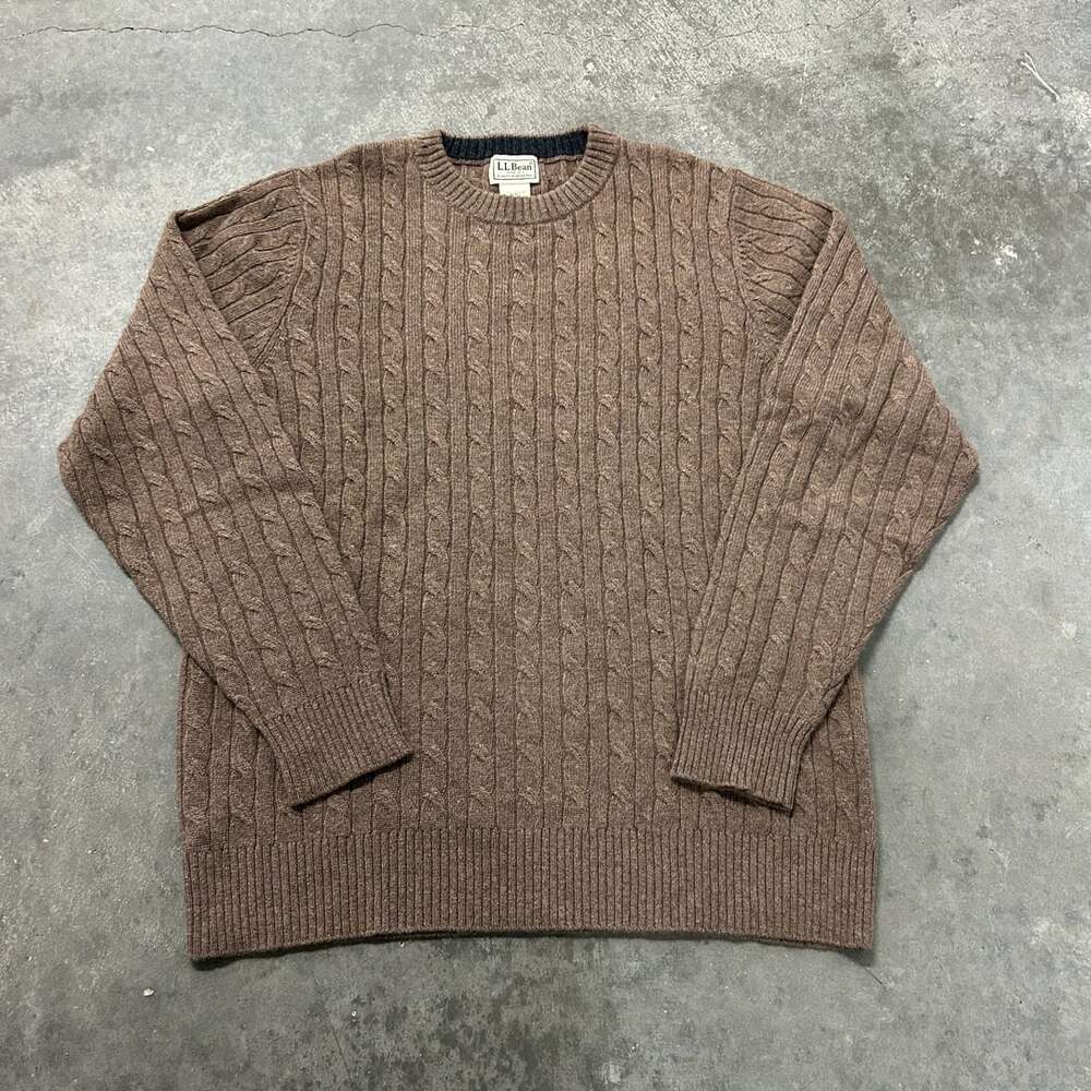 LL Bean Cable Knit Cashmere Sweater M-Reg Brown Crewneck